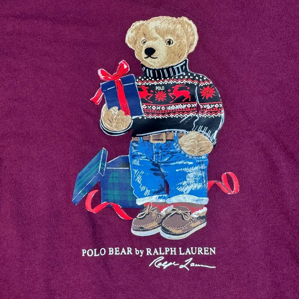 Polo‎ Bear Ralph Lauren T-Shirt Mens XL Burgundy Long Sleeve Holiday Graphic